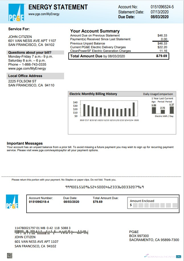 download USA California PG&E electricity utility bill template in Word and PDF format PDF template
